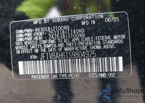 2025 Subaru Wrx Premium from USA, damaged, VIN JF1VBAH61S9804925